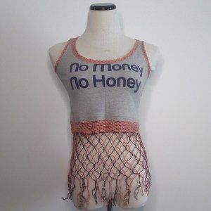 Gray Boho No Money No Honey Cropped Tank w/ Pink & Purple Fringes